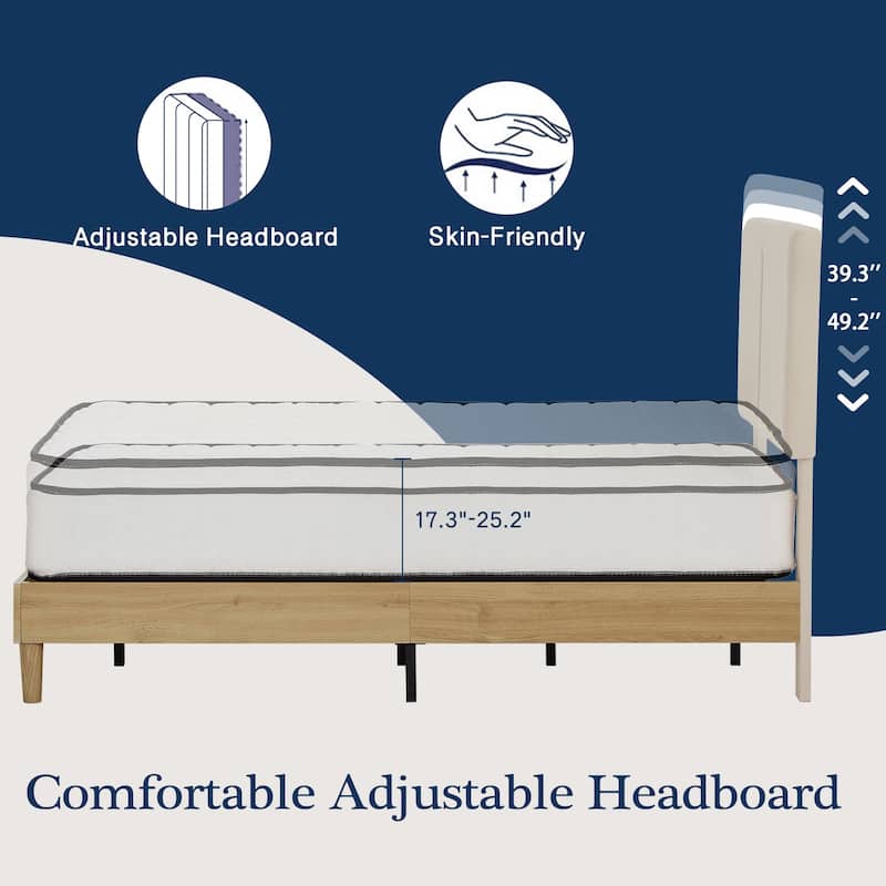VECELO Upholstered Platform Bed Frame with Adjustable Headboard, Solid Wood Slats, No Box Spring Needed, Twin/Full/Queen Size