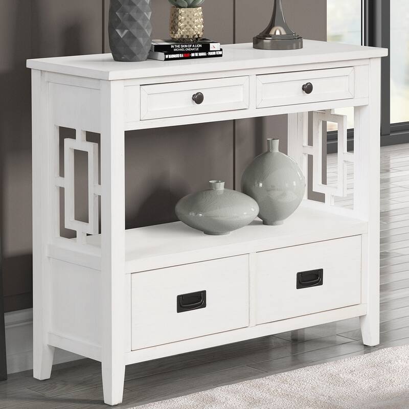 36'' Farmhouse Pine Wood Console Table Entry Sofa Table with 4 Drawers & 1 Storage Shelf for Entryway Living Room Bedroom