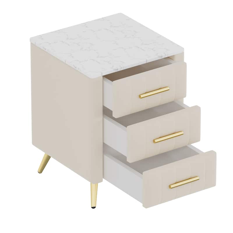 Velvet Nightstand with Storage, Round /Square Bedside Table with 3 Drawers, Metal Handles,Marbling Stickers Top