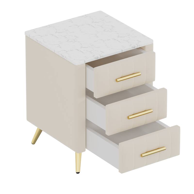Velvet Upholstered Nightstand with Marble Top and Metal Legs, 3-Drawer Bedside Table