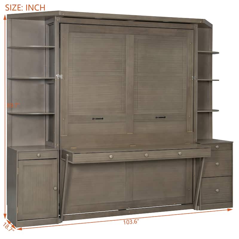 Queen Murphy Bed with Desk & Storage - Hidden Wall Bed with Cabinets and Shelves for Home Office, Includes Lighting
