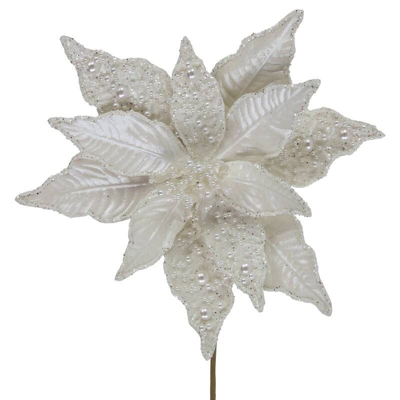 22" Pearl White Glittered Poinsettia Christmas Pick with Pearl Accents