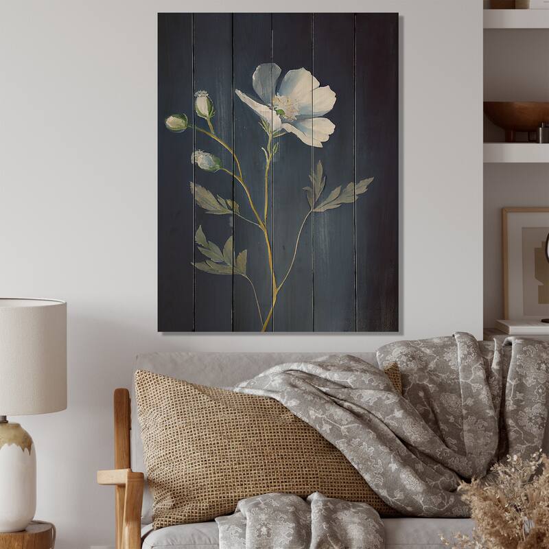 Designart 'Single White Blooming Wildflower On Retro Blue III' Floral Wood Wall Art - Natural Pine Wood
