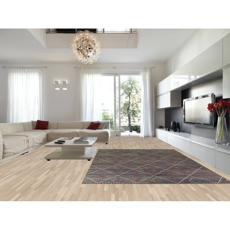 Gray & Blue Trellis Moroccan Area Rug Hand-Knotted Wool Carpet - 8'10"x 12'7"