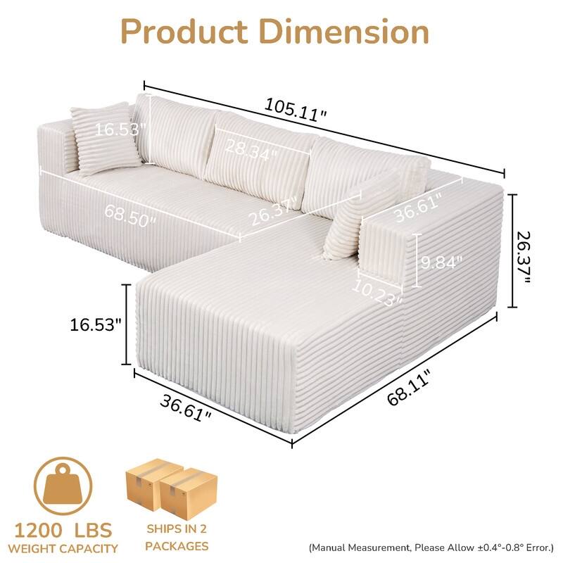 105 in. Wide Square Arm 2-Piece Modern Corduroy Fabric L-Shape Modular Sectional Sofa