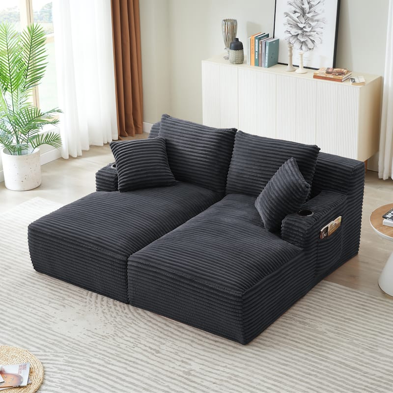 Corduroy Sleeper Sectional Loveseat Sofa, Double Chaise Lounge for Versatility with Cup Holders and Side Pockets - Dark Grey