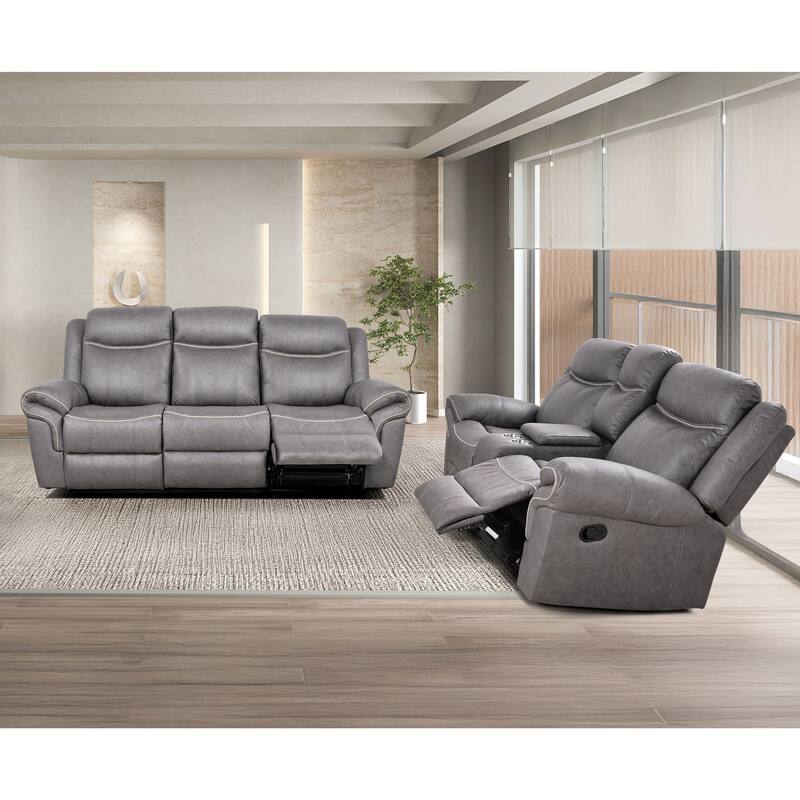 Verne Modern 2-Piece Brown Leather Manual Reclining Sofa Set with Cup Holders - Warm Grey