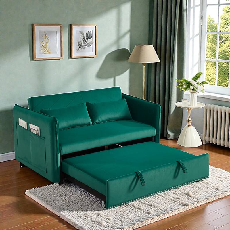 3 in 1 Convertible Sleeper Sofa Bed, Velvet Futon Loveseat with Pull Out Bed, Adjustable Backrest and Side Pockets