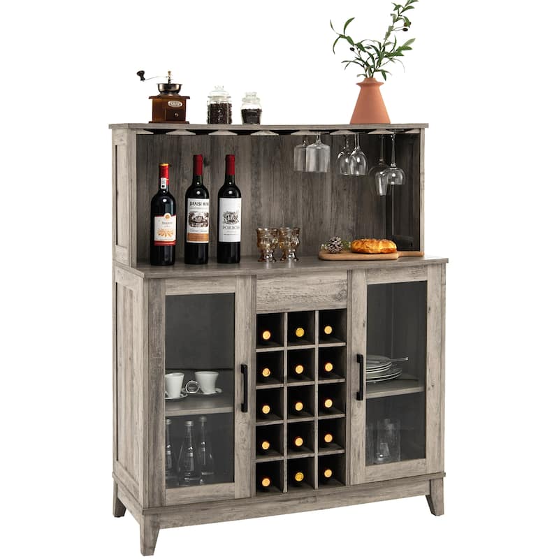 Costway 2-Door Buffet Bar Cabinet Kitchen Storage Sideboard Wine Rack - Grey