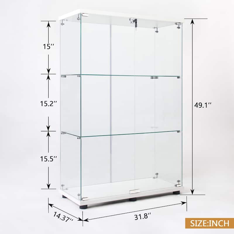 Glass Display Cabinet with Doors & Locks, Acrylic Shelves, Floor Standing Storage Showcase for Home or Office