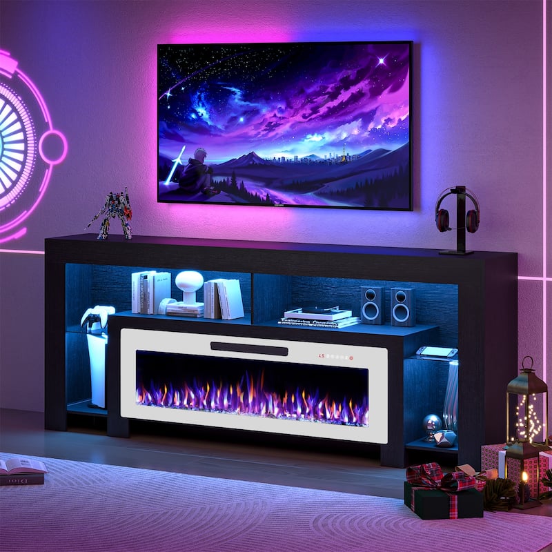 BOSSIN 82" Electric Fireplace TV Stand Entertainment Center, High Gloss with LED Lights, Holds TVs Up to 90 Inches, White - New Black