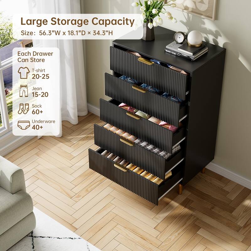 5 Drawer Dresser for Bedroom with Gold Handles, Modern Wooden Chest of Drawers