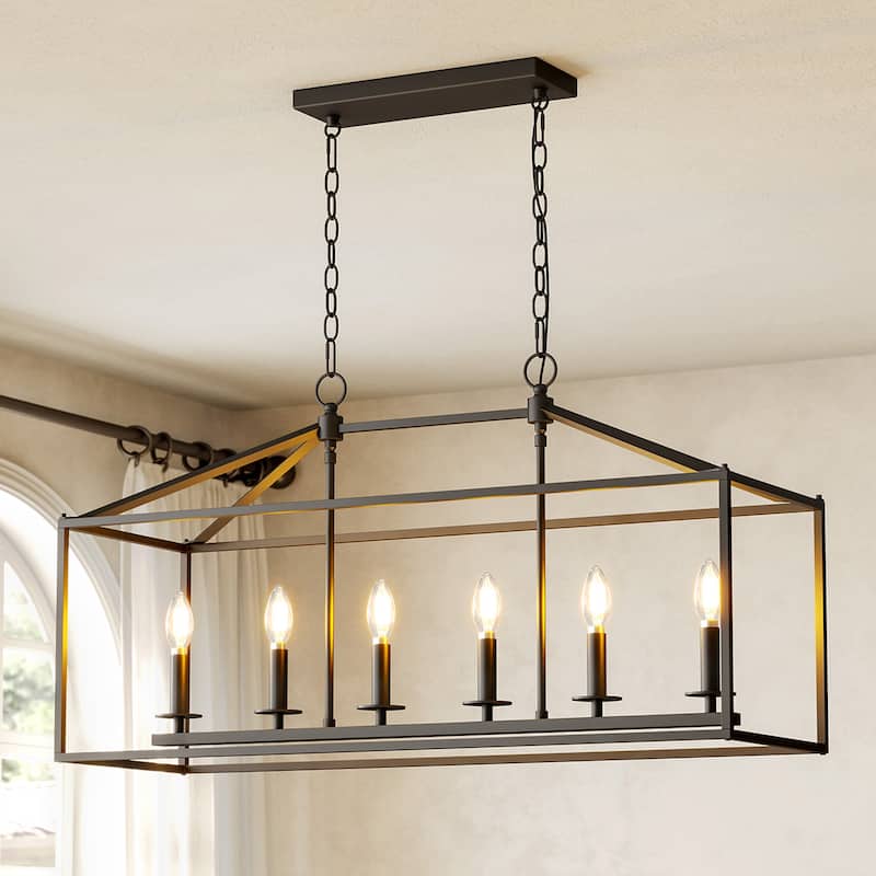 56.7 in. 6-Light Black Linear Chandelier with Caged Metal Shade, No Bulbs Included - Black