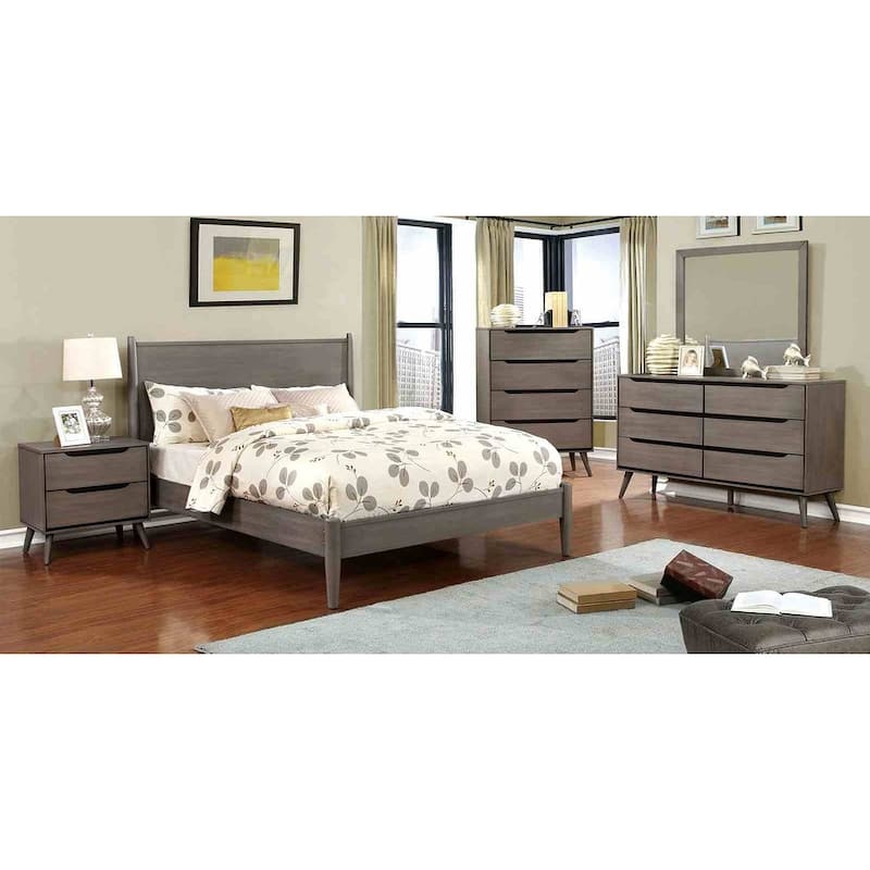 Mid-Century Modern Gray Wood Bedroom Furniture Set Bed Mirror Dresser Chest Nightstand