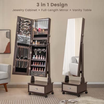 Jewelry Cabinet Armoire Full-Length Mirror Lockable w/ LED Lights