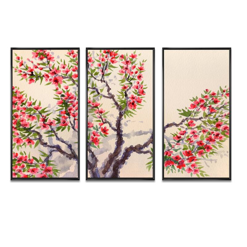Designart "Red Flowers On The Blossoming Tree I" Traditional Framed Art