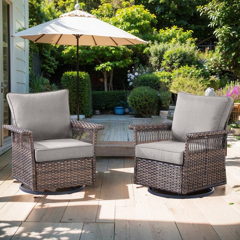 Pocassy Outdoor Swivel Chairs with Sofa Chair Ottoman and Table Set - Brown Wicker Gray Cushion - 2-Piece Swivel Chair
