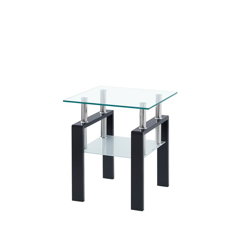 Tempered Transparent Glass End Table, 2Layers Small Table with Storage, Living Room Side Table