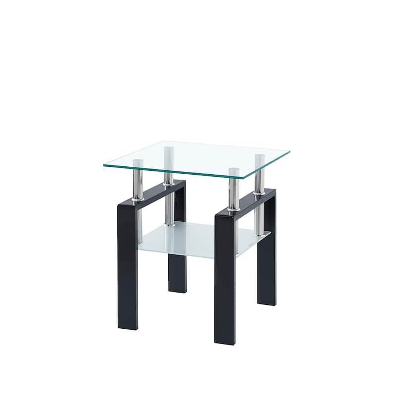 Tempered Transparent Glass End Table, 2-Layers Small Table with Storage