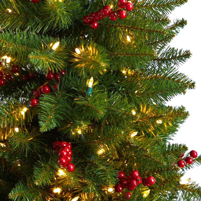 5Ft Pre-Lit Christmas Tree with Lights & Berries - Holiday Decor, Festive Tree, Indoor Xmas Tree - Green - 60