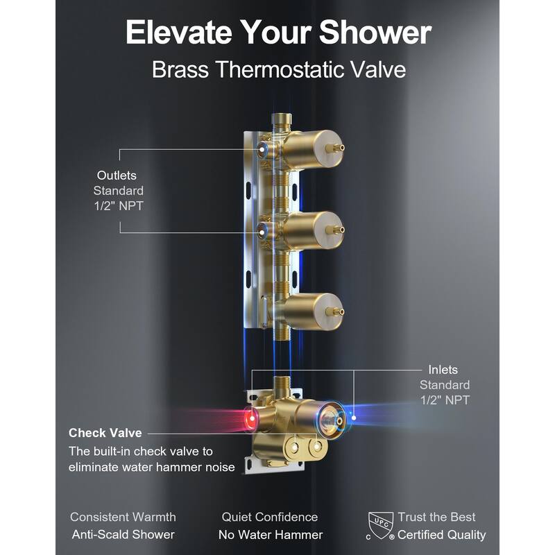 GRANDJOY Dual Shower Heads System 16 inch Ceiling and 6 inch Wall Mount Rainfall/Massage/Waterfall Mode Handheld Spray LED Music