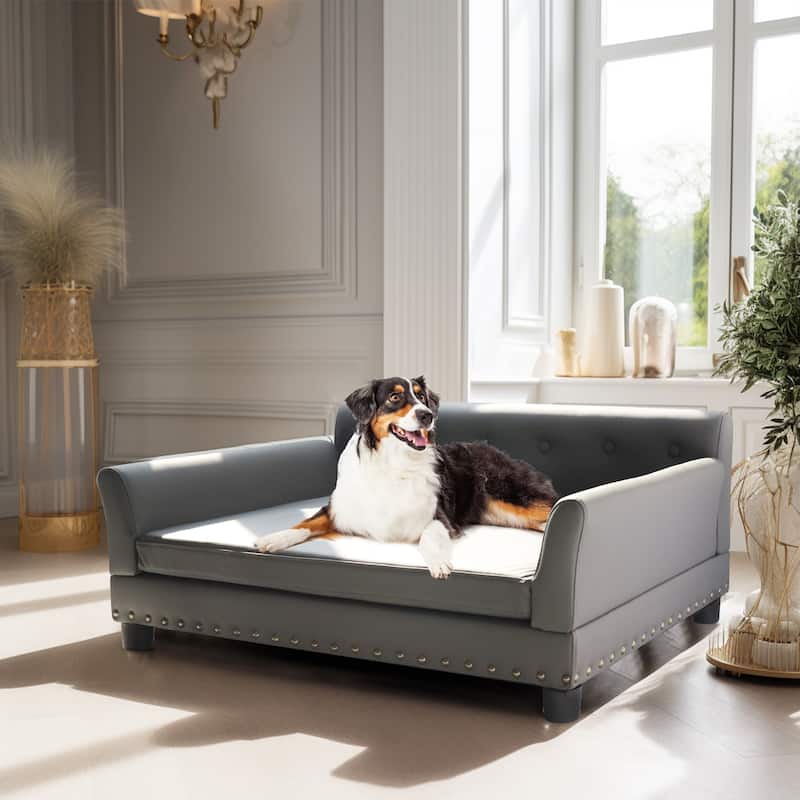 Orthopedic Dog Sofa Lounge Pet Raised Bed Microfiber Leather Upholstered - Large