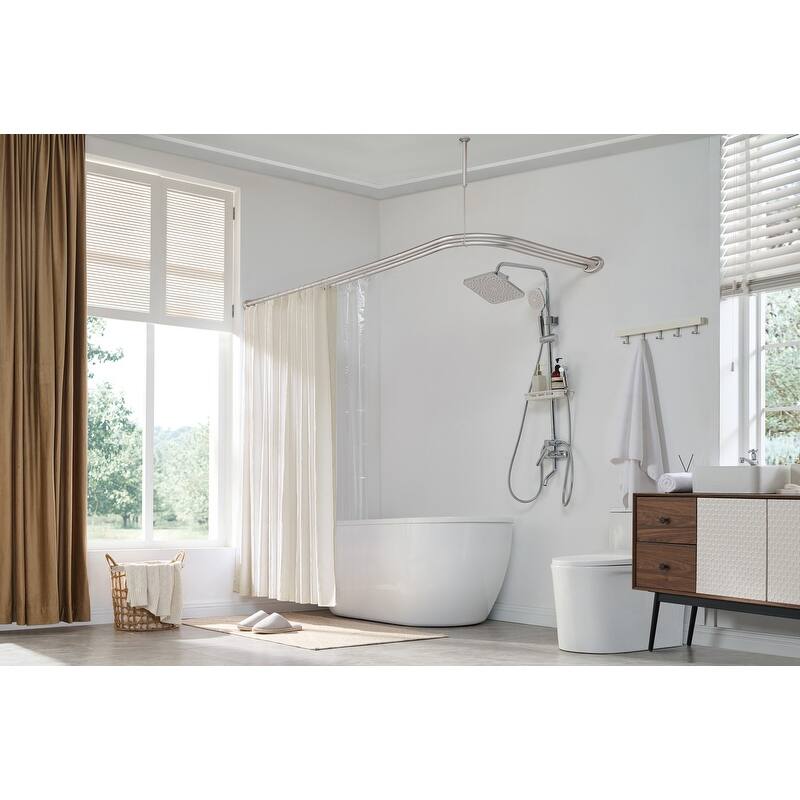 Utopia Alley Rustproof Aluminum Double L Shaped Shower Curtain Rod 72" L x 31.7" W, with 24 Shower Hooks included, Wall Mounted
