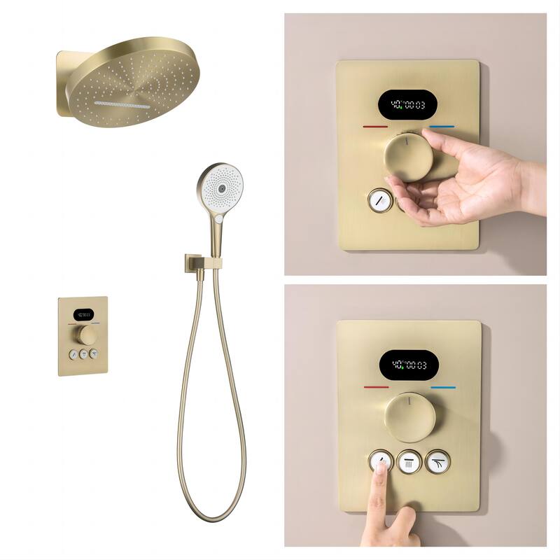 6-Way Wall Mounted 12.6'' Round Showerhead with High-pressure Handheld Showerhead in Black/Gold