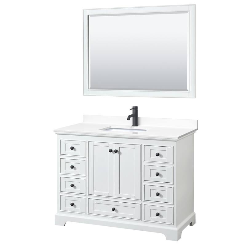 Deborah 48-inch Single Vanity, Cultured Marble Top, 46-inch Mirror - White, Black Trim, White Cultured Marble Top