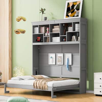 Gray Modern Queen Size Murphy Bed with Top Shelves