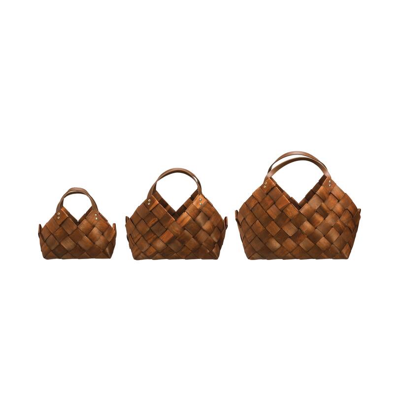 Woven Seagrass Baskets with Leather Handles - 17.3"L x 11.5"W x 14.3"H - Brown - 17.3"L x 11.5"W x 14.3"H