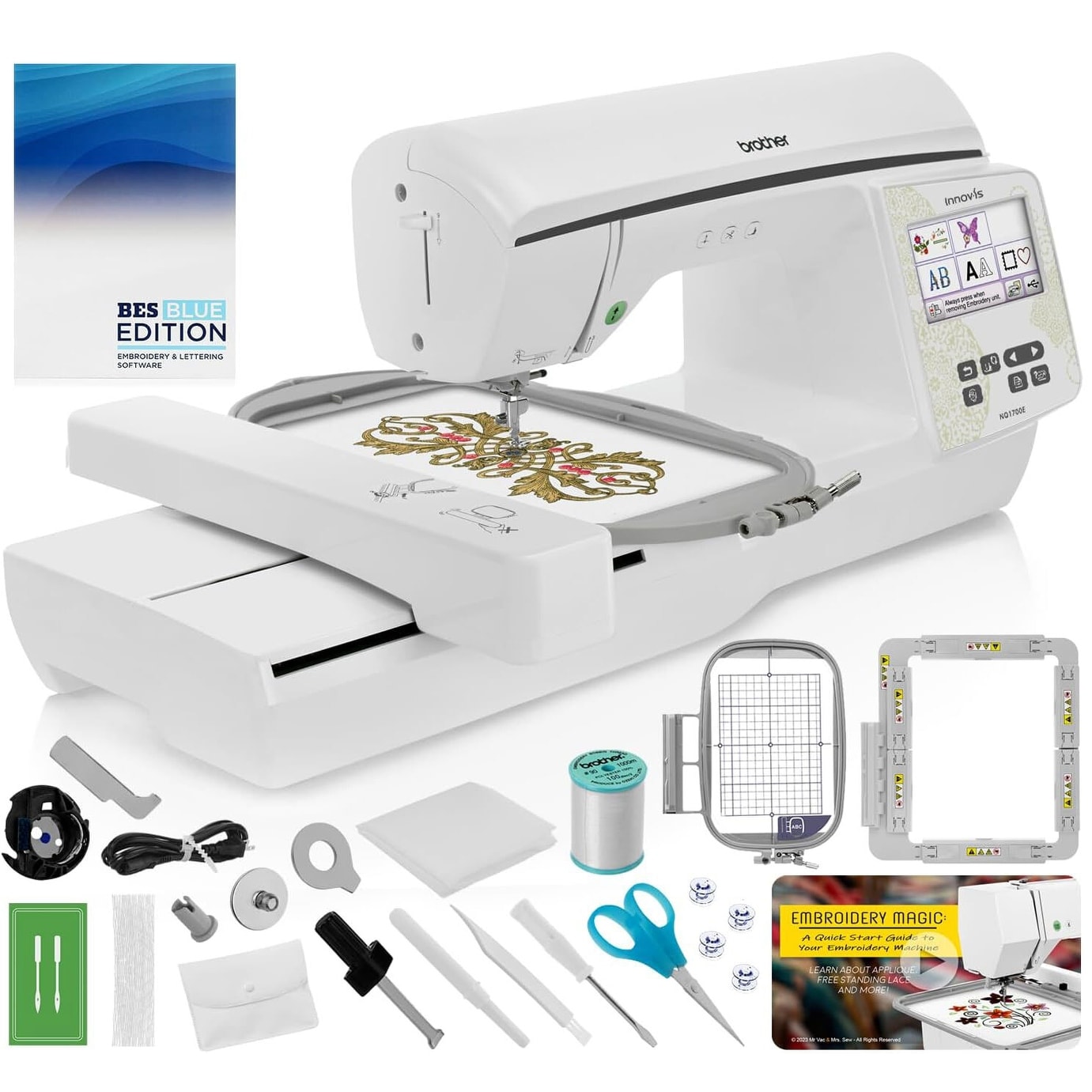 Brother NQ1700E Embroidery Machine Includes BES Lettering Software + Brother Magnetic SAMF180 Hoop + Embroidery Magic Video