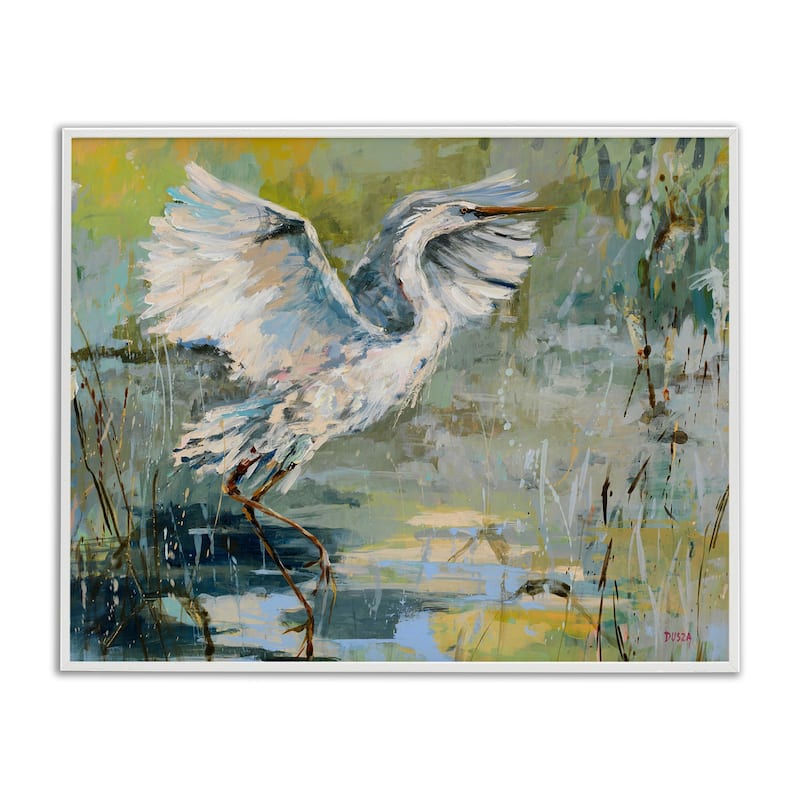 Stupell Radiant Crane at Pond Framed Giclee Art Design By Dusza - 14 x 11 - White