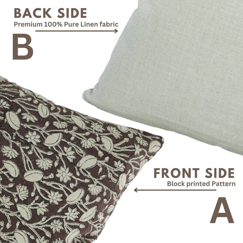 Fabdivine Block Print 12x20 Inch Pillow Cover Pure Linen Floral Farmhouse Decor Accent for Brown Soft, Cushion Case, Kanak Buti