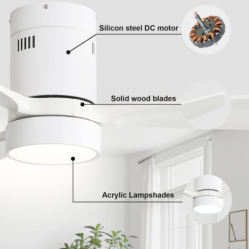 52 Inch Flush Mount Wood Blades White Ceiling Fan Reverse Airflow,6 Wind Speed,Remote Control