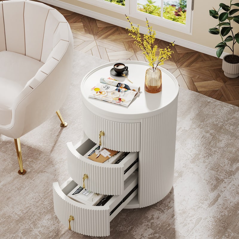 Modern Nightstand with 3 Drawers, No Assembly Round End Table Bedside Table for Bedroom, White