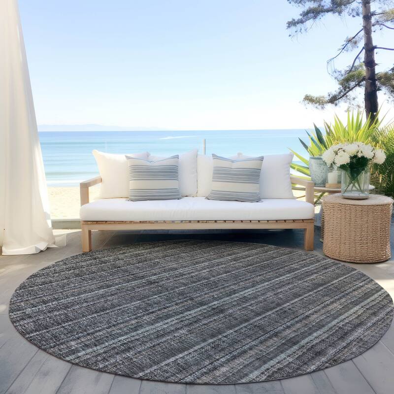 Machine Washable Indoor/ Outdoor Stripe Chantille Rug - Gray - 8' x 8'