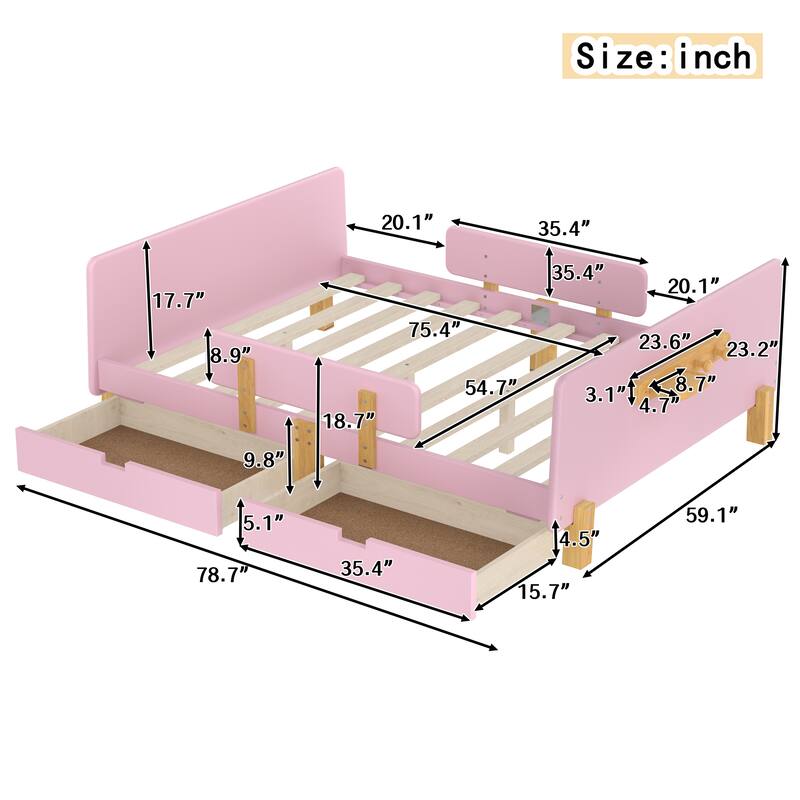 Full Size Platform Bed with Storage Drawers, Solid Wood Beds Frame with Bed Guardrail, Small Shelf, and Hooks