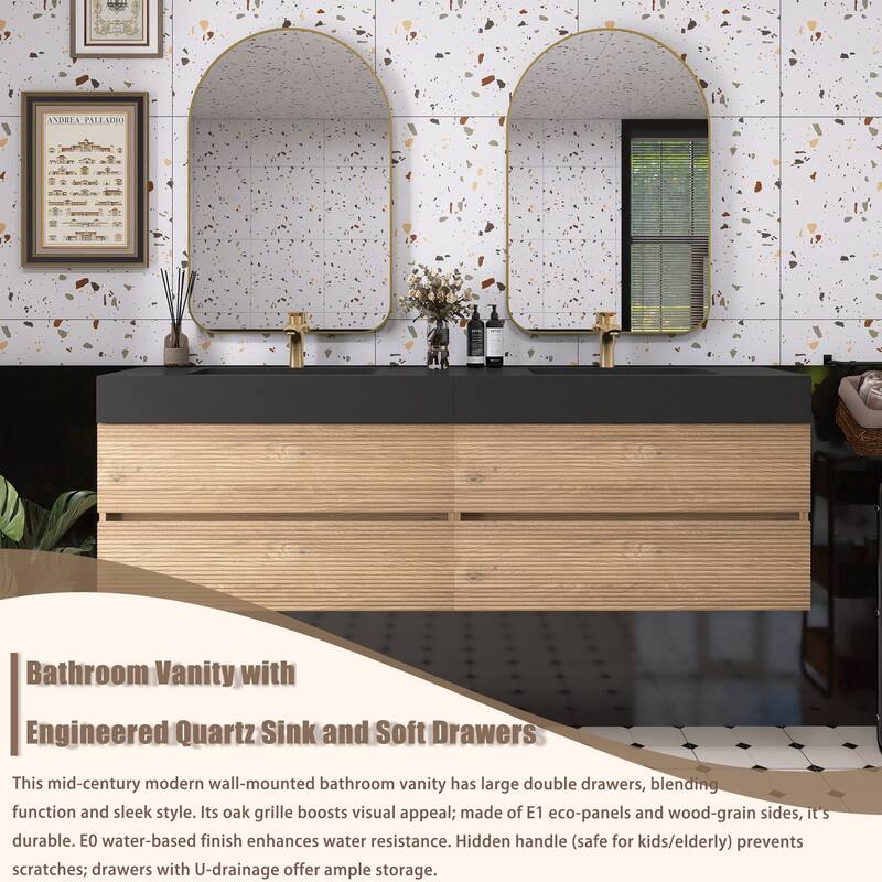 Wall Mounted Bathroom Vanity with Solid Surface Sink and Soft Drawers