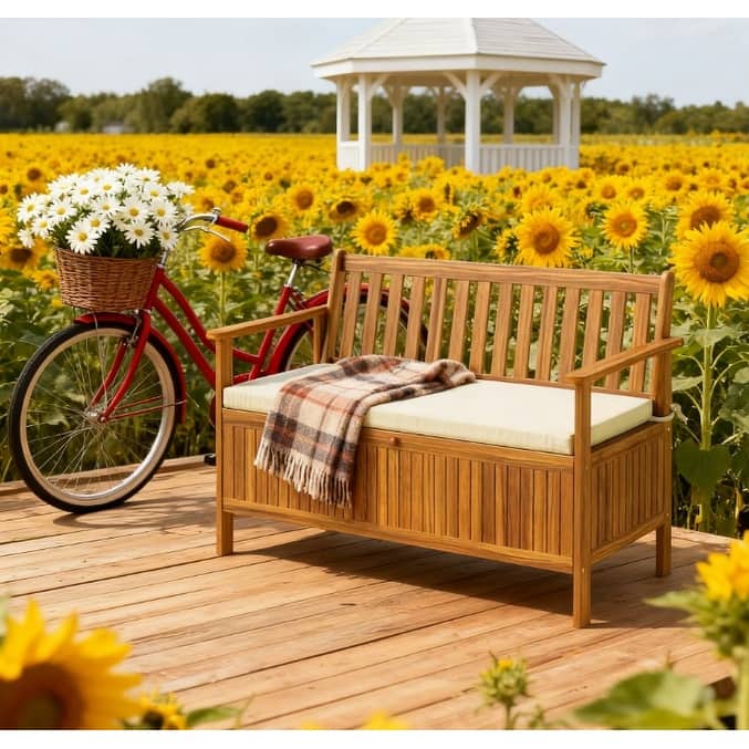 GDFStudio Outdoor Kael Acacia Wood Outdoor Storage Bench with Cushion and Hidden Compartment