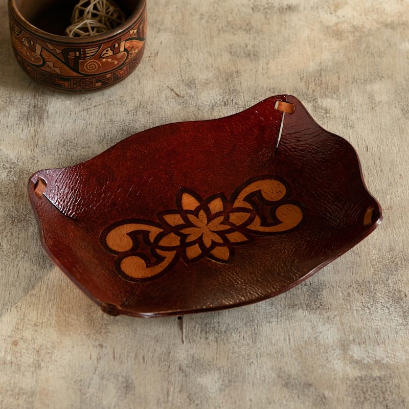 Novica Handmade Redwood Gothic Tooled Leather Catchall
