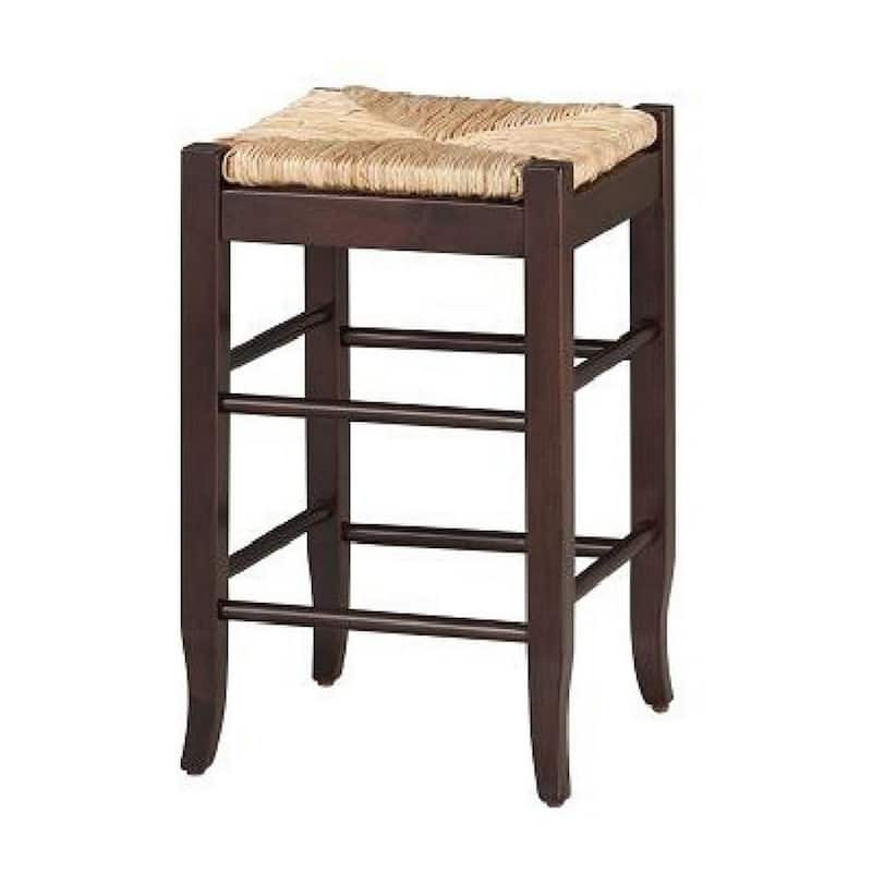Rush Woven Wooden Frame Counter Stool with Saber Legs, Beige and Dark Brown