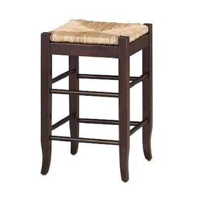 Rush Woven Wooden Frame Counter Stool with Saber Legs, Beige and Dark Brown