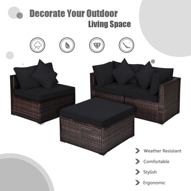 4 Pieces Patio Rattan Furniture Set with Removable Cushions and Pillows - Corner Sofa: 29" x 29" x 25"