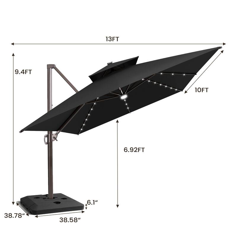 Pellebant 10x13 FT Outdoor Patio Double Top Cantilever Umbrella Solar LED Lighted with 4 Piece Square Offset Umbrella Base