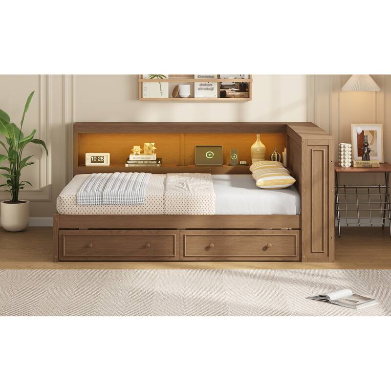 Full Size Wood Daybed with Storage Shelves, USB, LED, and 2 Drawers
