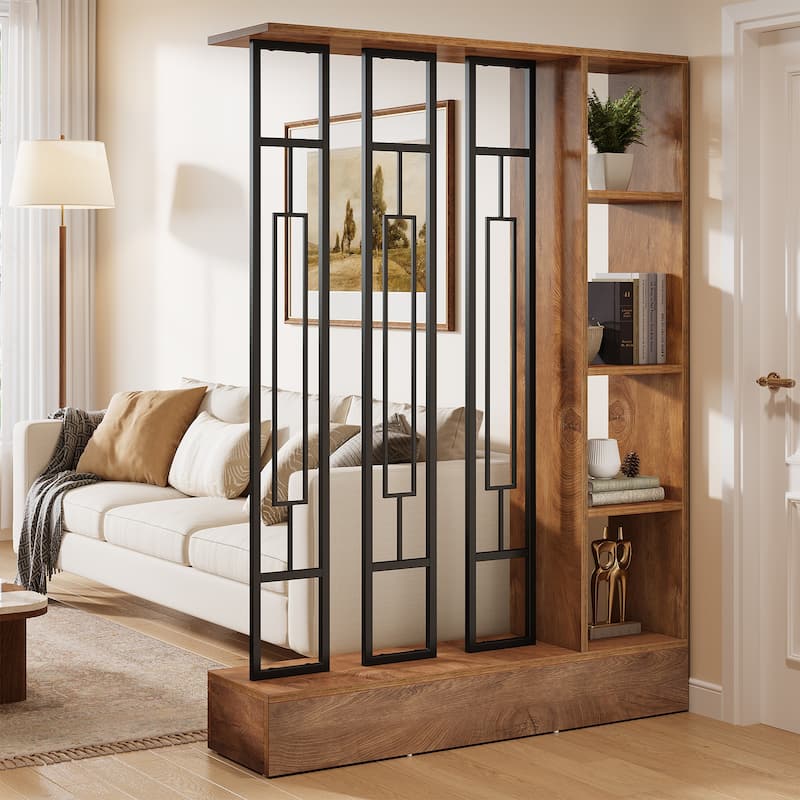 70.9" Tall Wall Room Divider with Display Shelves and Sturdy Base - 47.2" W x 11.8" D x 70.9" H - Brown