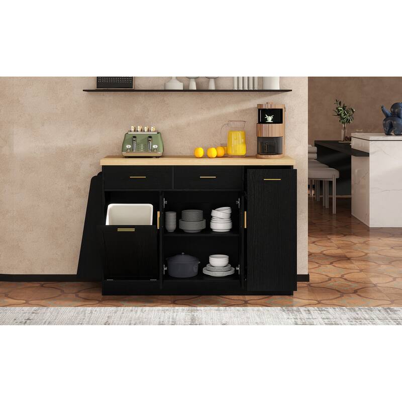 Multi-Functional Storage Sideboard Kitchen Island with Hidden Trash Can and Adjustable Spice Rack