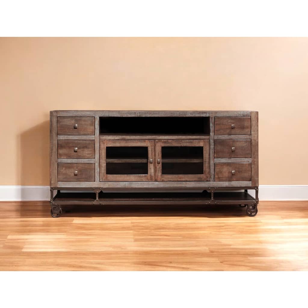 HomeRoots 76" Brown Solid Wood Cabinet Enclosed Storage Distressed TV Stand - 76' X '38' X '17.75