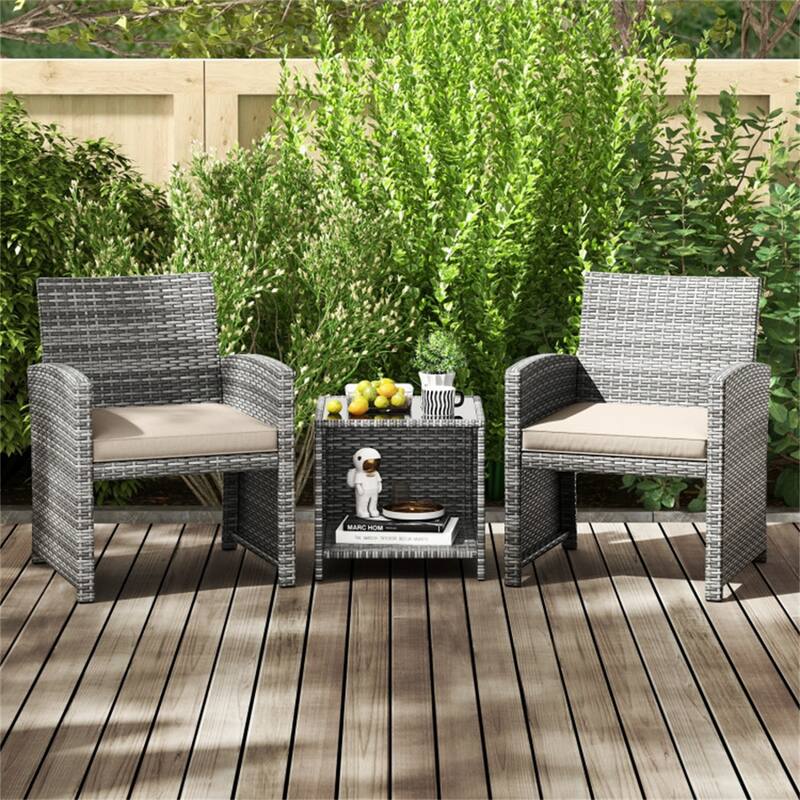 2-Piece Rattan Bistro Set with Comfortable Cushions and Tempered Glass Table Outdoor Patio - Table: 18" × 18" × 17"